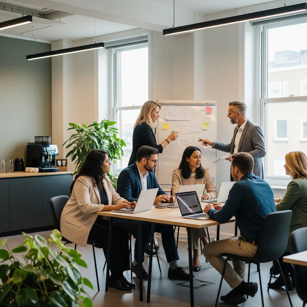 Profesionales colaborando en una oficina moderna y luminosa, enfocados en la productividad y el bienestar laboral. La imagen transmite un entorno de trabajo ideal para fomentar la excelencia empresarial y la calidad de vida en la empresa.