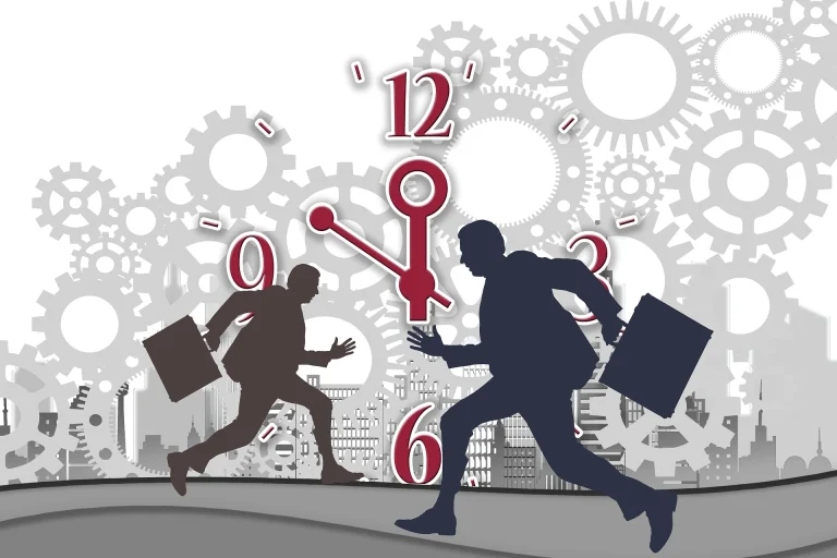 Dibujo de dos ejecutivos corriendo con un gran reloj de fondo - SOBRE EL ESTRÉS