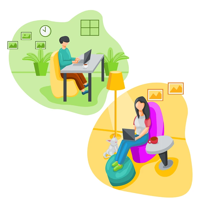 Dibujo de dos personas trabajando, una desde la oficina y la otra desde casa