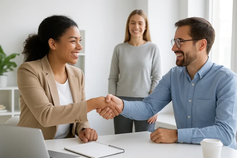 Empleo de calidad en una oficina moderna: profesionales colaborando, confianza laboral y bienestar en el trabajo.