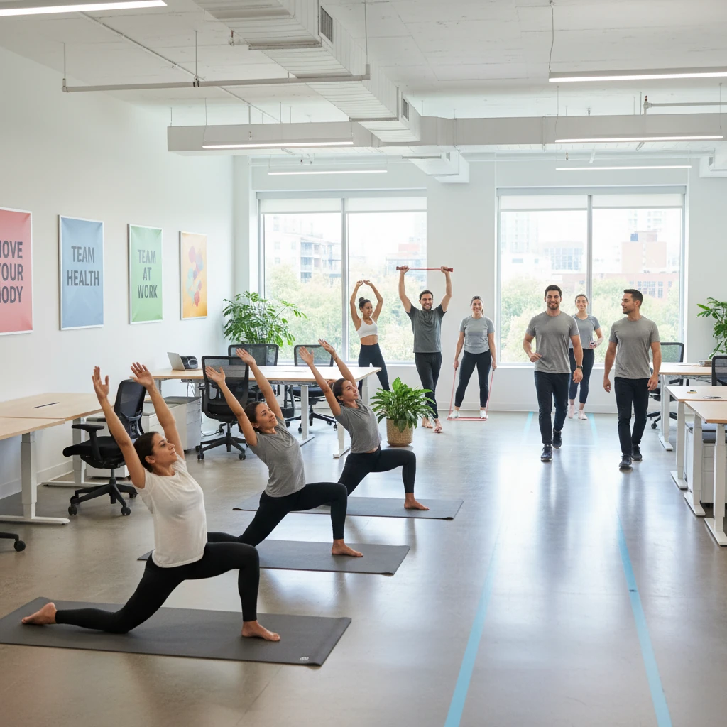 Imagen que muestra un entorno laboral moderno y luminoso donde diversos empleados participan en actividades físicas. En primer plano, tres mujeres realizan ejercicios de estiramiento con posturas de yoga sobre colchonetas, con las manos elevadas y sonrisas en sus rostros. En las paredes del espacio de trabajo se observan carteles con mensajes motivacionales como "Mueve tu cuerpo", "Salud del equipo" y "Equipo en acción", que refuerzan la cultura de bienestar. En la zona central derecha, otros empleados utilizan bandas elásticas para ejercicios de fuerza y flexibilidad, mientras que en el fondo del área de oficina, varios trabajadores caminan o trotean ligeramente en grupo. El entorno cuenta con grandes ventanales que ofrecen vistas urbanas y abundante luz natural, mobiliario ergonómico, plantas decorativas y líneas en el suelo que delimitan espacios. Esta representación visual ilustra cómo una organización saludable integra la actividad física en el día a día laboral, promoviendo el bienestar físico y mental de sus colaboradores mediante un ambiente de trabajo activo y preventivo.