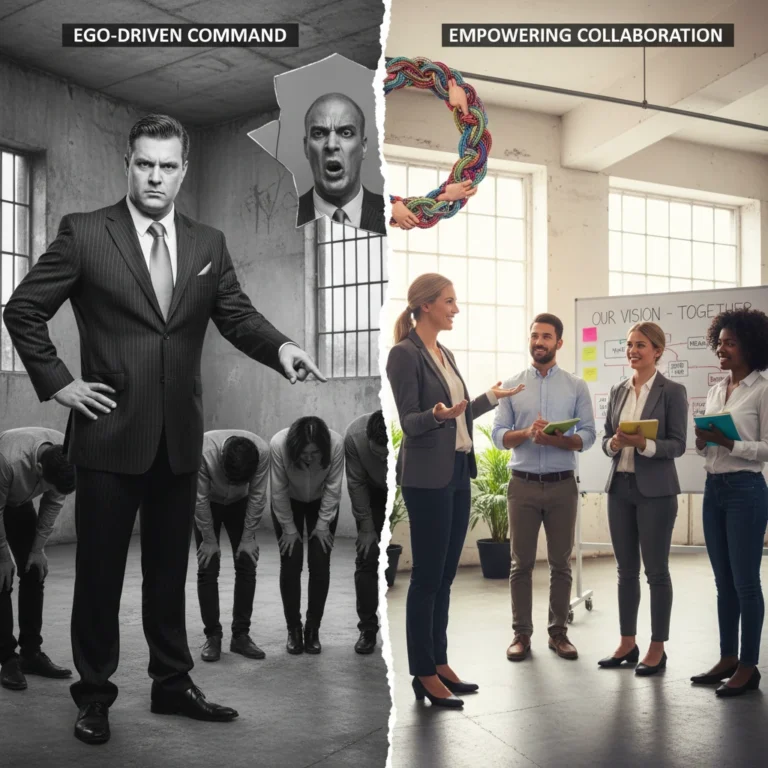 Imagen dividida en dos escenas contrastantes que representan estilos de liderazgo opuestos. EGOS DESMEDIDOS, LA ANTÍTESIS DEL LIDERAZGO EFECTIVO