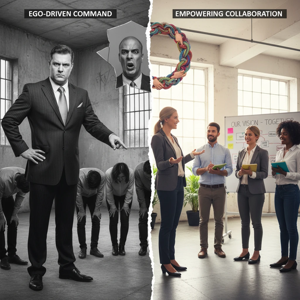 Imagen dividida en dos escenas contrastantes que representan estilos de liderazgo opuestos. EGOS DESMEDIDOS, LA ANTÍTESIS DEL LIDERAZGO EFECTIVO