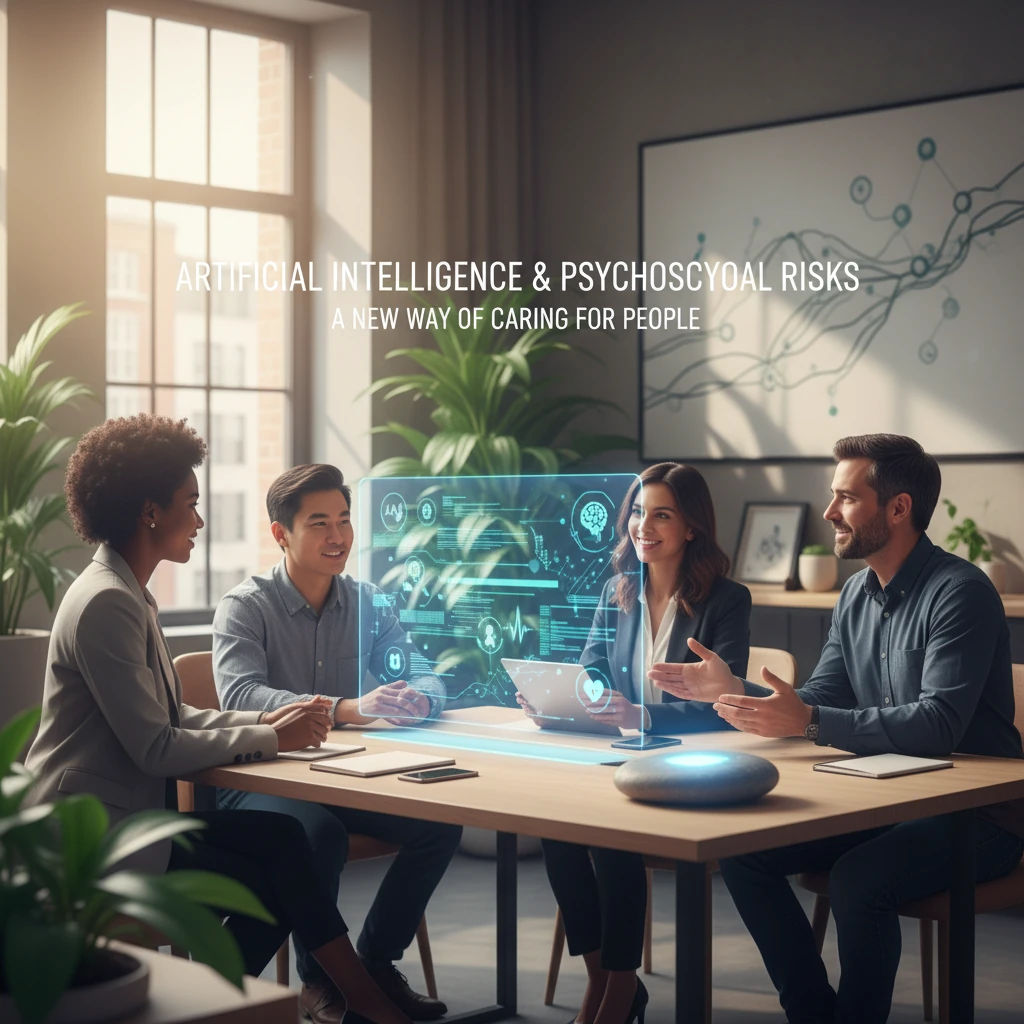 Imagen que representa el concepto de "Inteligencia Artificial y Riesgos Psicosociales: Una Nueva Forma de Cuidar a las Personas". Muestra un entorno laboral moderno donde la tecnología y el bienestar humano se combinan de manera equilibrada y proactiva.