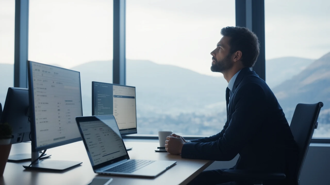Un trabajador moderno en su oficina contemporánea, contemplativo ante múltiples pantallas y notificaciones, con una montaña visible a través de la ventana que simboliza el eterno desafío del mito de Sísifo adaptado al mundo laboral digital.