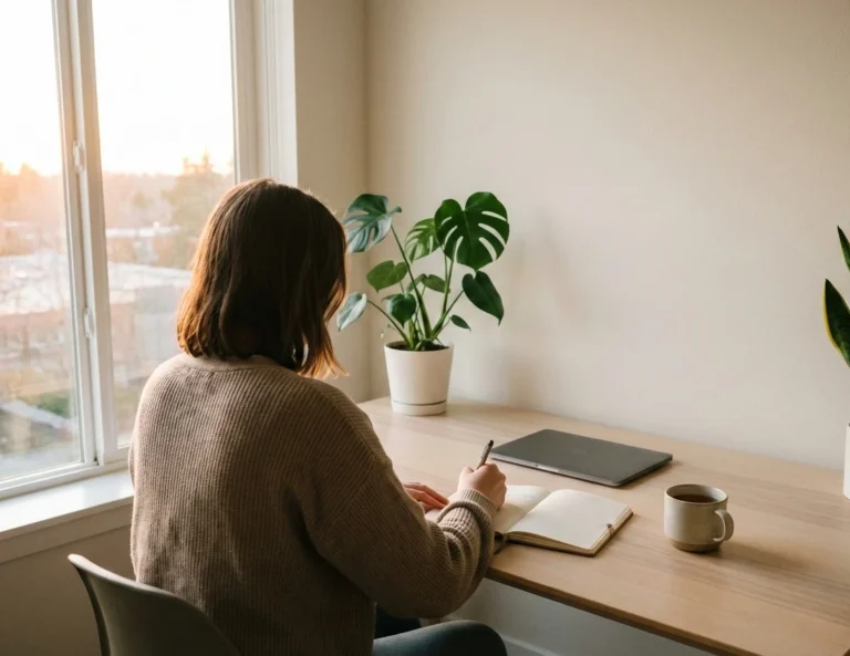 Persona adulta sentada en un despacho moderno y luminoso, escribiendo con calma en una libreta junto a un portátil cerrado, en un ambiente sereno que transmite plenitud y equilibrio entre éxito profesional y bienestar personal.