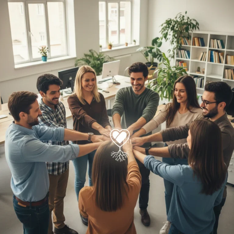 Grupo diverso de profesionales sonriendo y uniendo sus manos en el centro de un círculo en una oficina moderna y luminosa, simbolizando unidad, colaboración y una cultura organizacional fuerte con el lema 'Organización con Alma' resaltado.