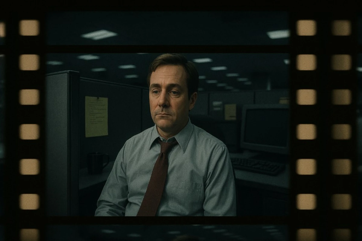 Fotograma de una película simbólica donde un hombre con expresión triste refleja el desgaste emocional y la desconexión en el trabajo.