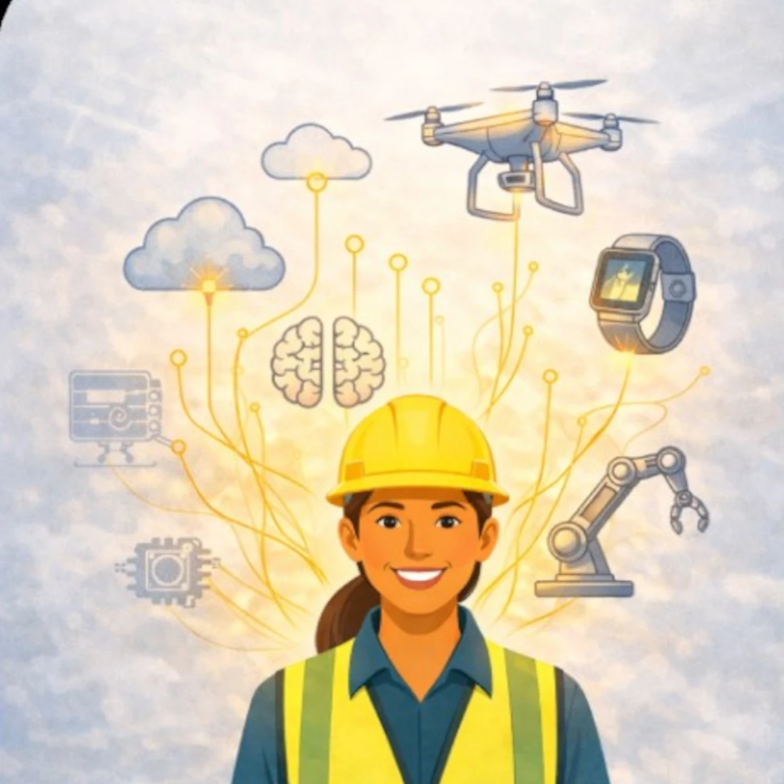 Ilustración de trabajador rodeado de gadgets para la Prevención de Riesgos Laborales