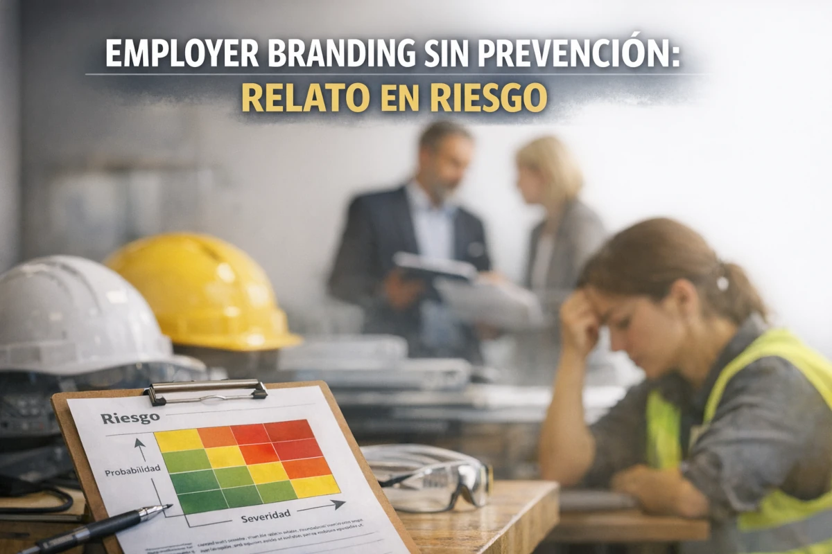 Fotografía que muestra una matriz de evaluación de riesgos en primer plano junto a cascos de seguridad, mientras al fondo una trabajadora con chaleco reflectante aparece visiblemente estresada y dos responsables revisan documentos, simbolizando la desconexión entre la prevención laboral y la experiencia real de los empleados.