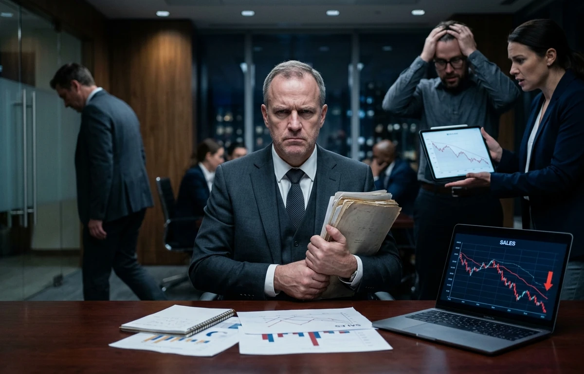 Un hombre de traje oscuro, con expresión rígida y el ceño fruncido, se sienta a la cabecera de una mesa de reuniones ignorando los datos de rendimiento que muestran pérdidas en una pantalla. Sostiene con fuerza unos papeles antiguos, simbolizando su cerrazón. Al fondo, borrosos, los miembros de su equipo muestran frustración e impotencia, representando el aislamiento del "líder mediocre" que nunca admite errores.