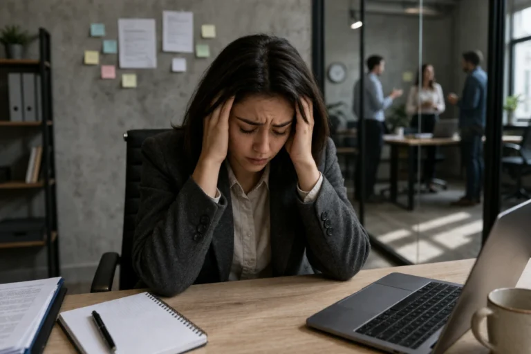 Empleado en oficina con gesto de ansiedad y preocupación, sentado frente a su ordenador, reflejando miedo o estrés intenso asociado al entorno laboral (ergofobia).