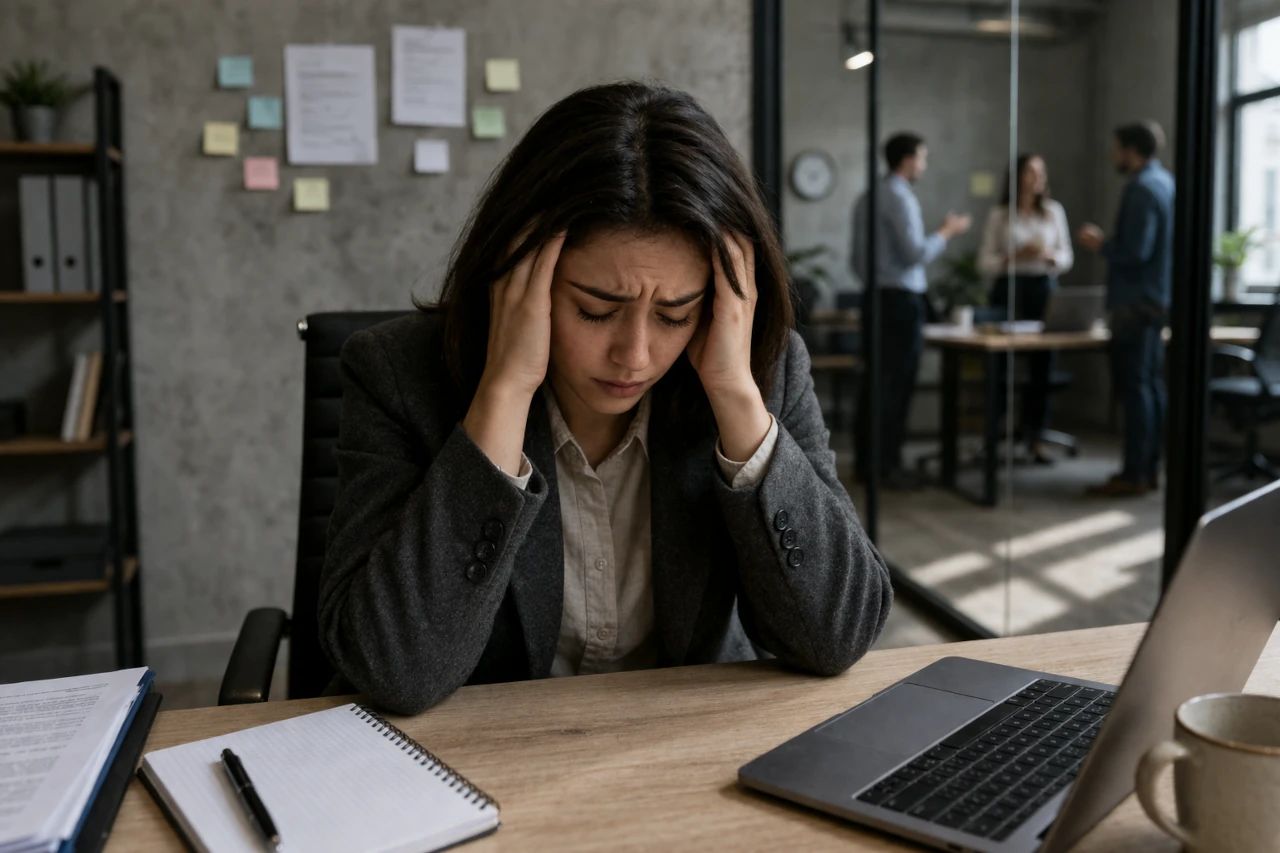 Empleado en oficina con gesto de ansiedad y preocupación, sentado frente a su ordenador, reflejando miedo o estrés intenso asociado al entorno laboral (ergofobia).