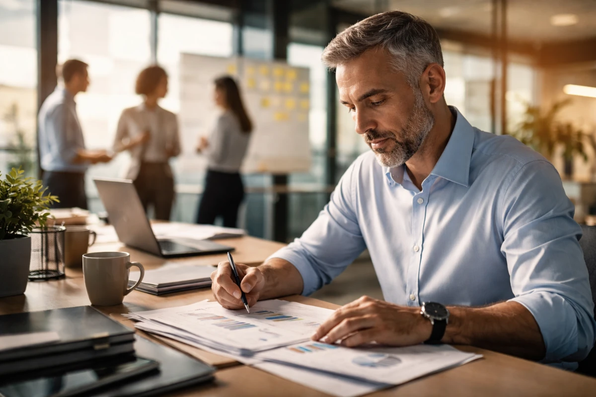 Profesional revisando y analizando un informe con datos en una oficina moderna, mostrando concentración, rigor y atención al detalle mientras su equipo colabora al fondo.