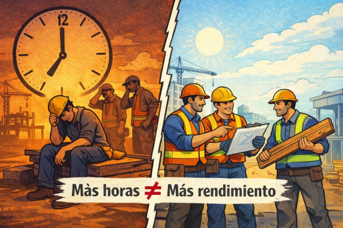 Ilustración dividida: a la izquierda, trabajadores de obra agotados bajo un reloj grande simbolizando largas jornadas; a la derecha, equipo coordinado y activo revisando planos en obra. Texto central: 'Más horas ≠ Más rendimiento'.