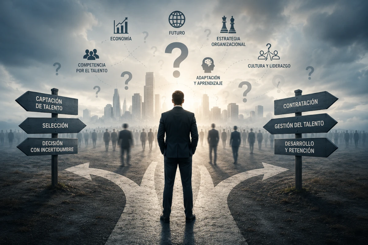 Figura humana observando un entorno empresarial difuso y cambiante, simbolizando la incertidumbre en la gestión del talento, el liderazgo y la toma de decisiones en organizaciones modernas.