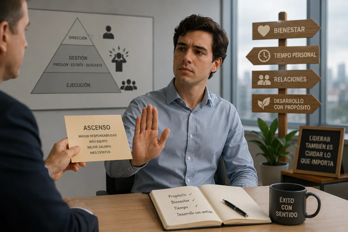 Profesional joven rechaza una oferta de ascenso durante una reunión, priorizando el bienestar personal y el equilibrio entre vida laboral y personal frente a mayores responsabilidades directivas.