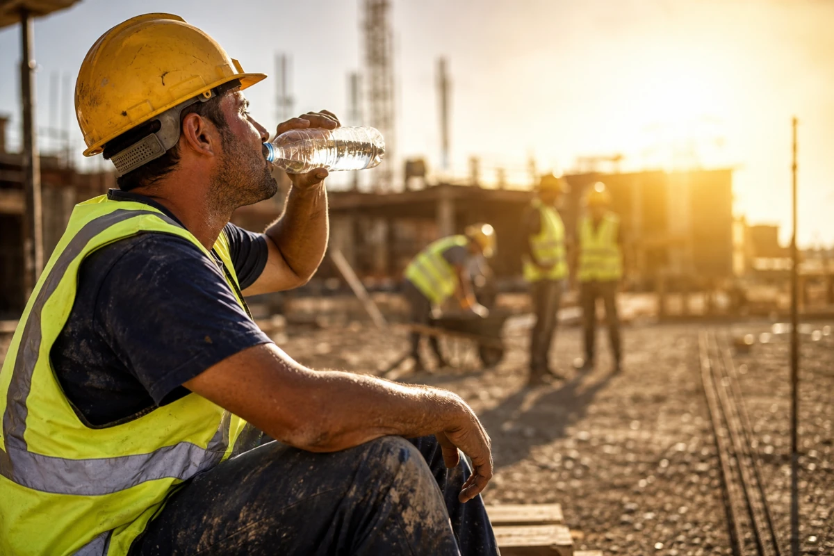 Trabajador de la construcción descansando e hidratándose durante una jornada de altas temperaturas para prevenir el estrés térmico y los riesgos laborales.