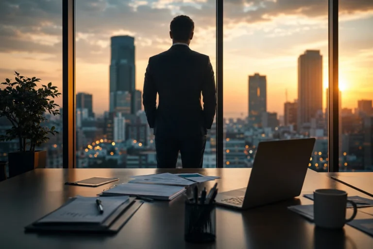 Directivo observando la ciudad desde una oficina mientras reflexiona sobre la gestión de equipos y el liderazgo basado en la inteligencia emocional.