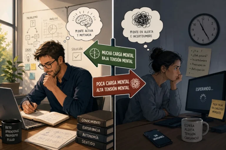 Ilustración comparativa que muestra la diferencia entre carga mental y tensión mental en el trabajo: a la izquierda, un profesional concentrado y motivado resolviendo problemas complejos; a la derecha, una trabajadora esperando con incertidumbre frente a una pantalla, representando cómo unas condiciones laborales desfavorables pueden generar mayor agotamiento psicológico que la propia exigencia cognitiva