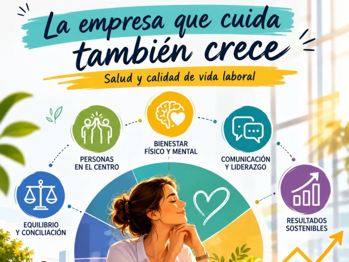 Infografía sobre salud y calidad de vida laboral que muestra cómo el bienestar de las personas, el liderazgo, la comunicación y la conciliación contribuyen al crecimiento sostenible de una empresa.
