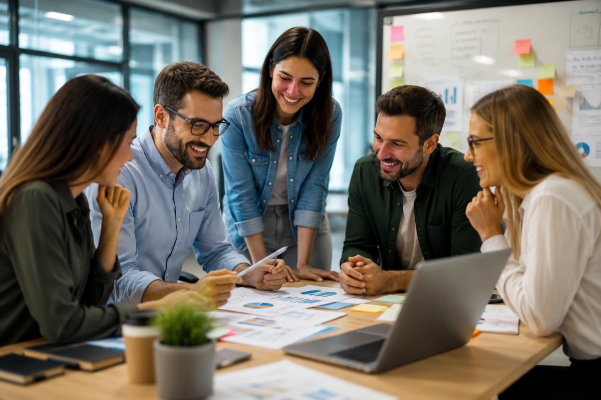 Equipo de profesionales trabajando en equipo y compartiendo experiencias para resolver problemas en un entorno laboral.