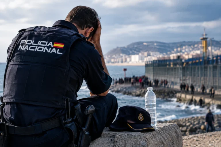 Agente de la Policía Nacional visiblemente fatigado durante un despliegue en la frontera de Ceuta, sentado frente al litoral con el entorno fronterizo al fondo.