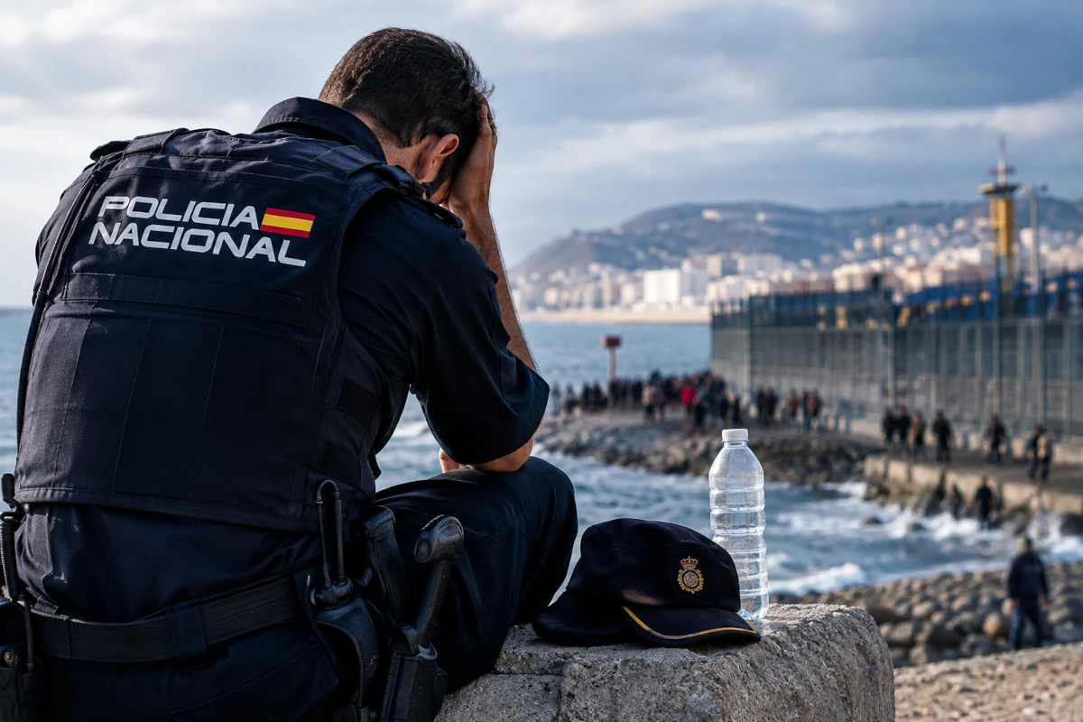 Agente de la Policía Nacional visiblemente fatigado durante un despliegue en la frontera de Ceuta, sentado frente al litoral con el entorno fronterizo al fondo.