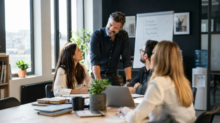Cuatro profesionales reunidos en una oficina con grandes ventanales. Un líder sonriente dirige la palabra a la mujer sentada a su lado.